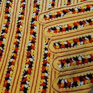 Vntg Hand Made 60s 70s Funky Fall Yellow Orange Brown Crocheted Afghan 35”x52”